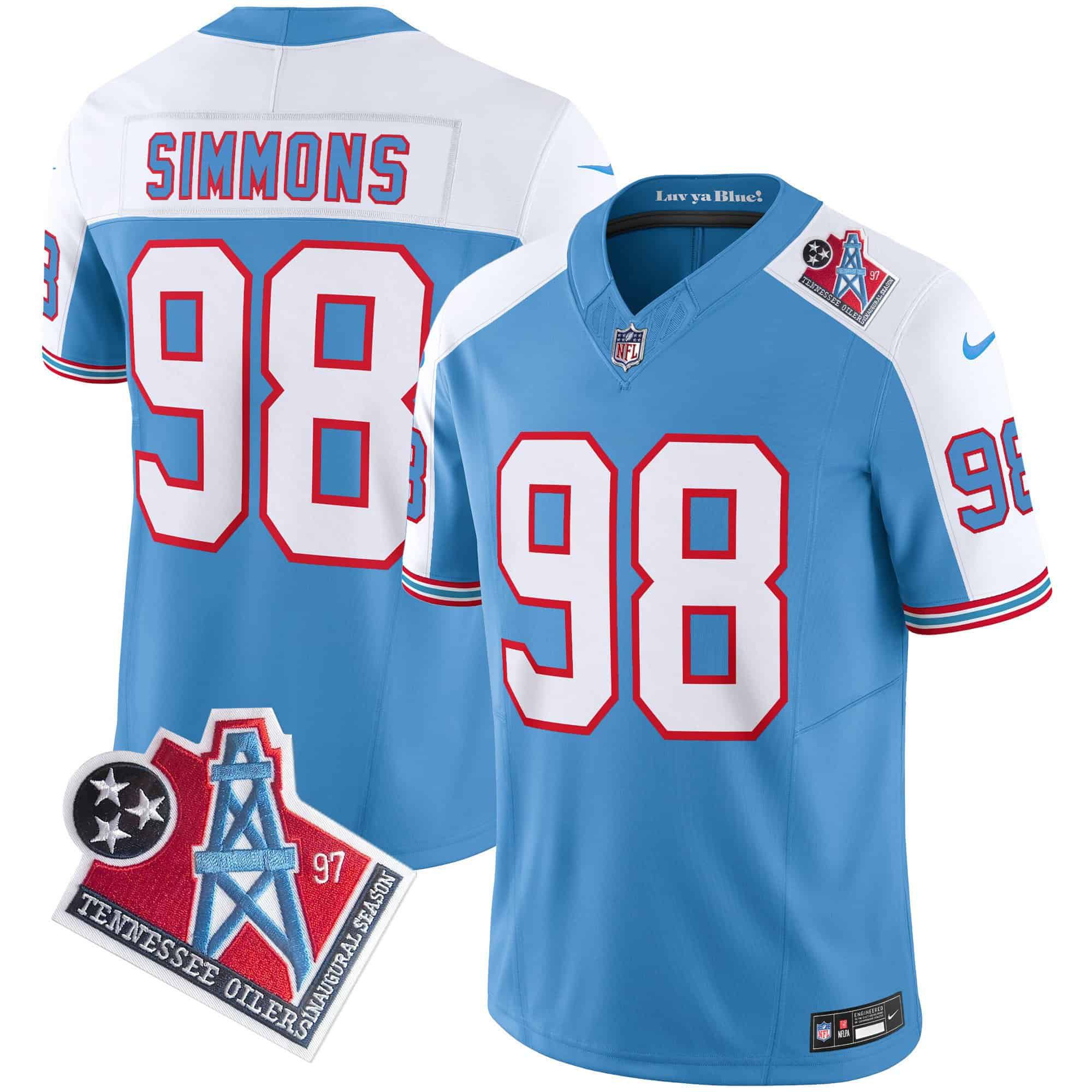 Men Tennessee Titans 98 Simmons Light Blue 1997 Throwback 2024 Nike Limited Vapor NFL Jersey style 1